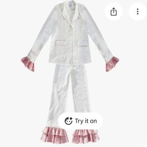 White Satin Wide Leg Pajama Pants with Pink Ruffle Trim